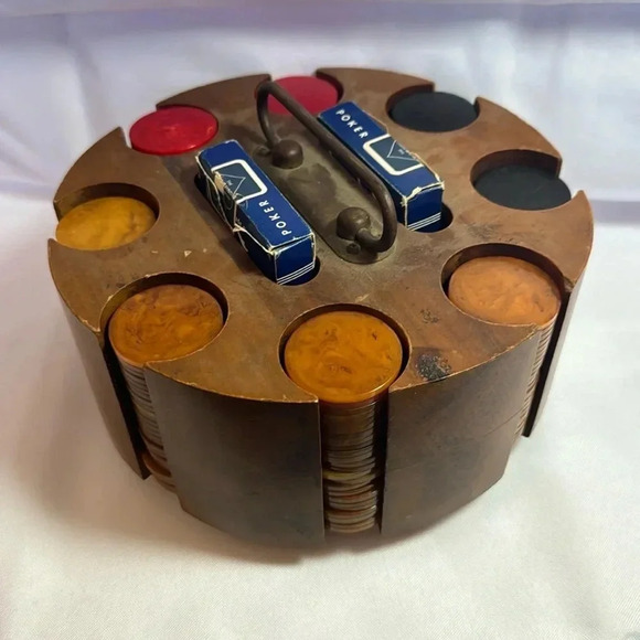 Vintage Other - Vintage Bakelite Poker Chips Wooden Spinning Poker Chip Wheel with Chips